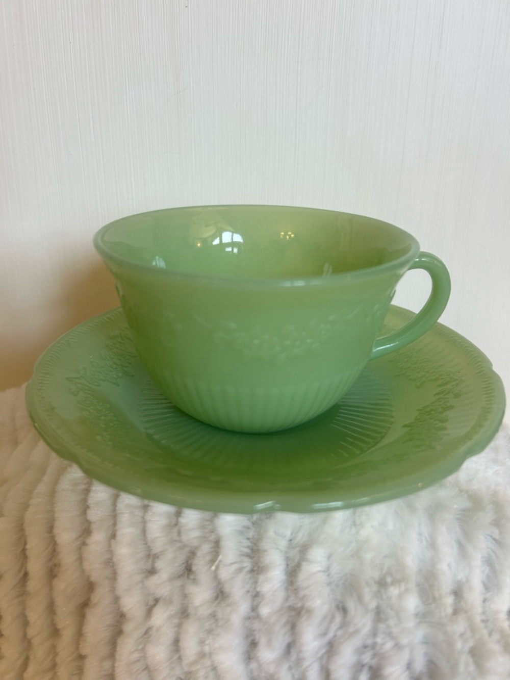 Fire King Jadeite “Alice” Green Teacup with Saucer 1940’s